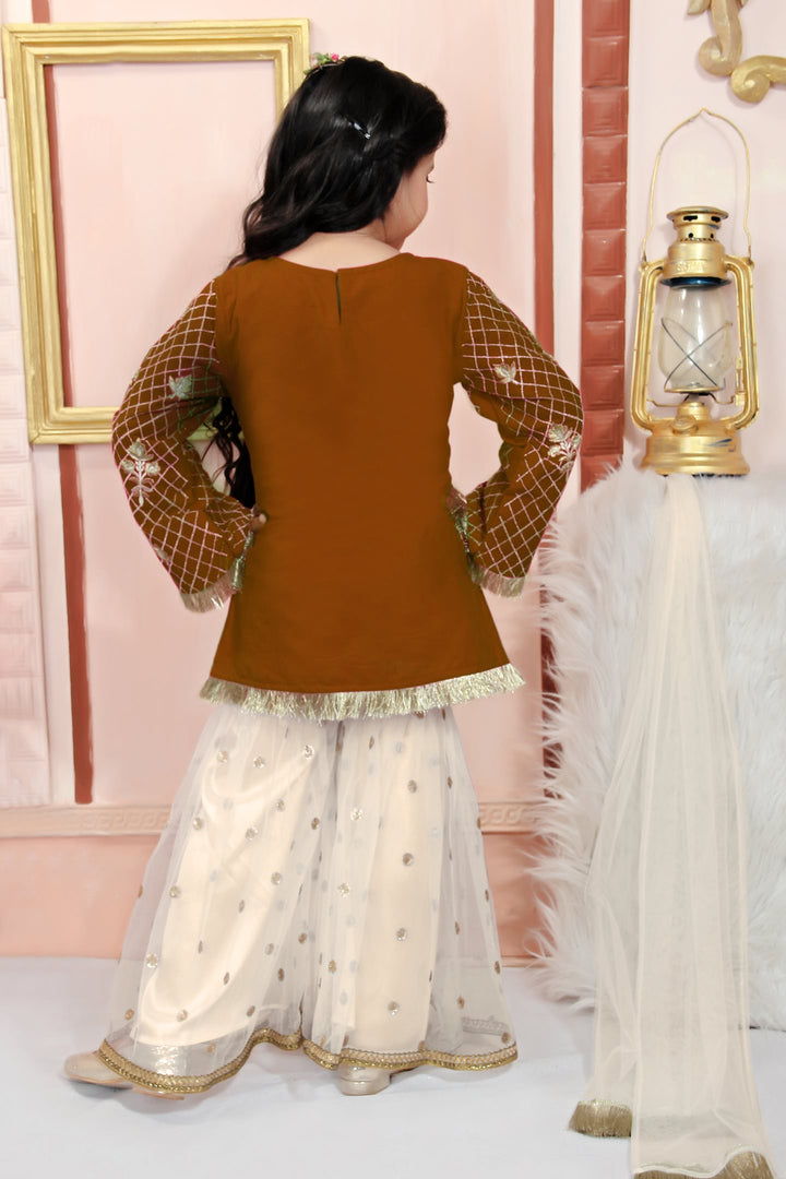 Brown Embroidered Cotton Straight Kids Salwar Suit