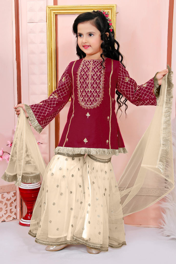 Maroon Embroidered Cotton Straight Kids Salwar Suit