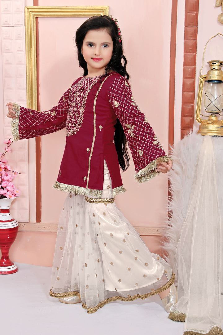 Maroon Embroidered Cotton Straight Kids Salwar Suit