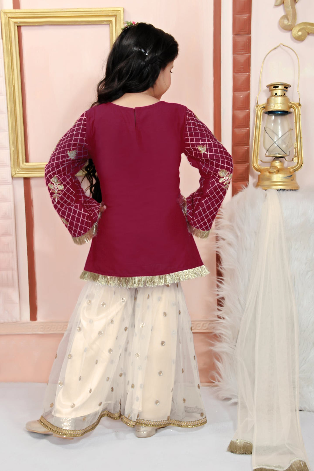 Maroon Embroidered Cotton Straight Kids Salwar Suit