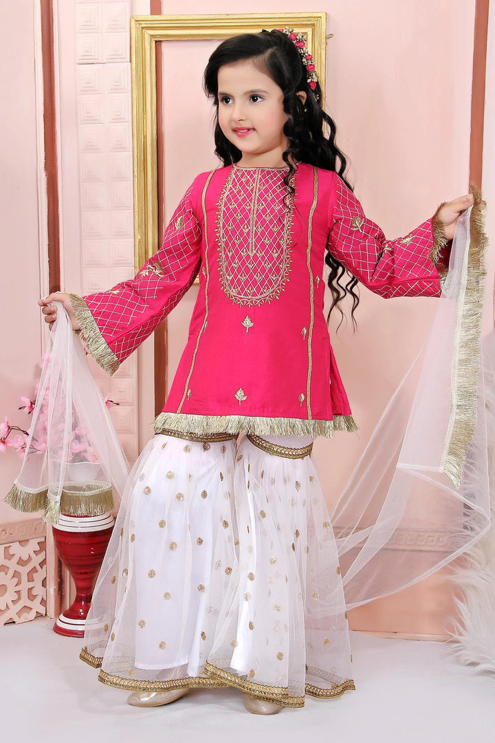 Pink Embroidered Cotton Straight Kids Salwar Suit