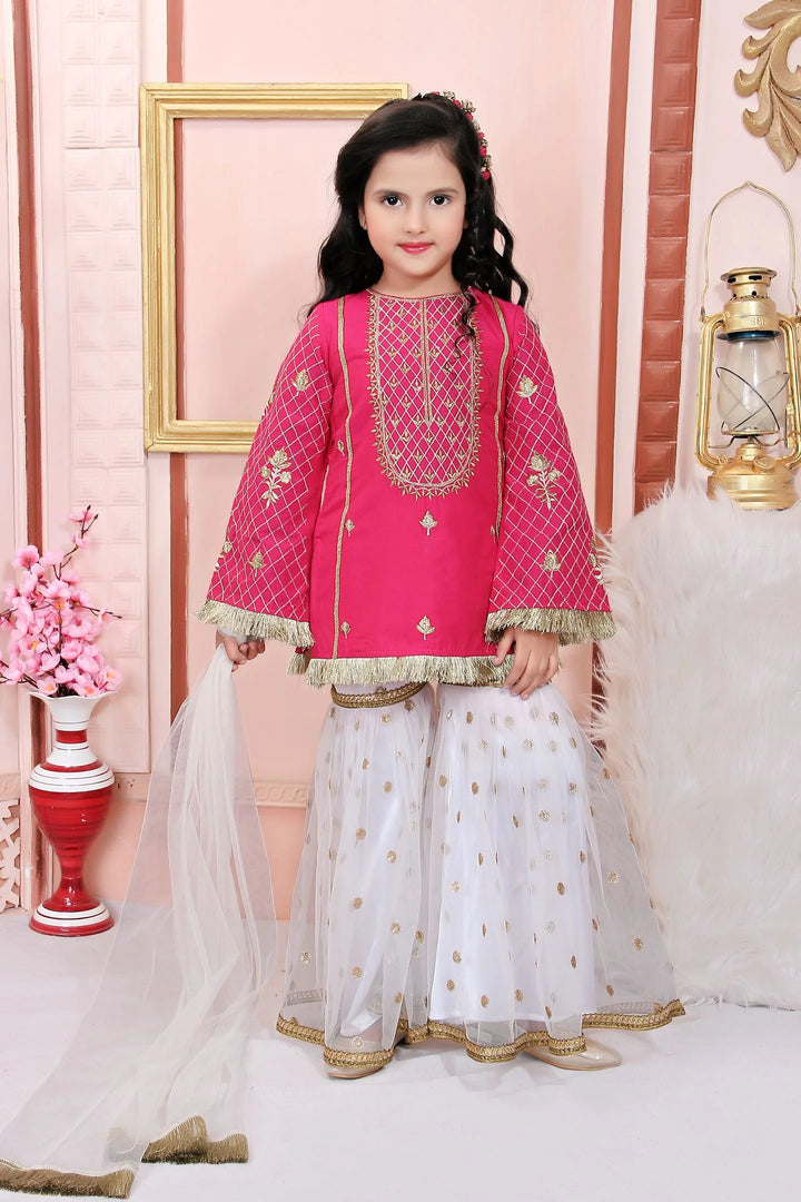 Pink Embroidered Cotton Straight Kids Salwar Suit
