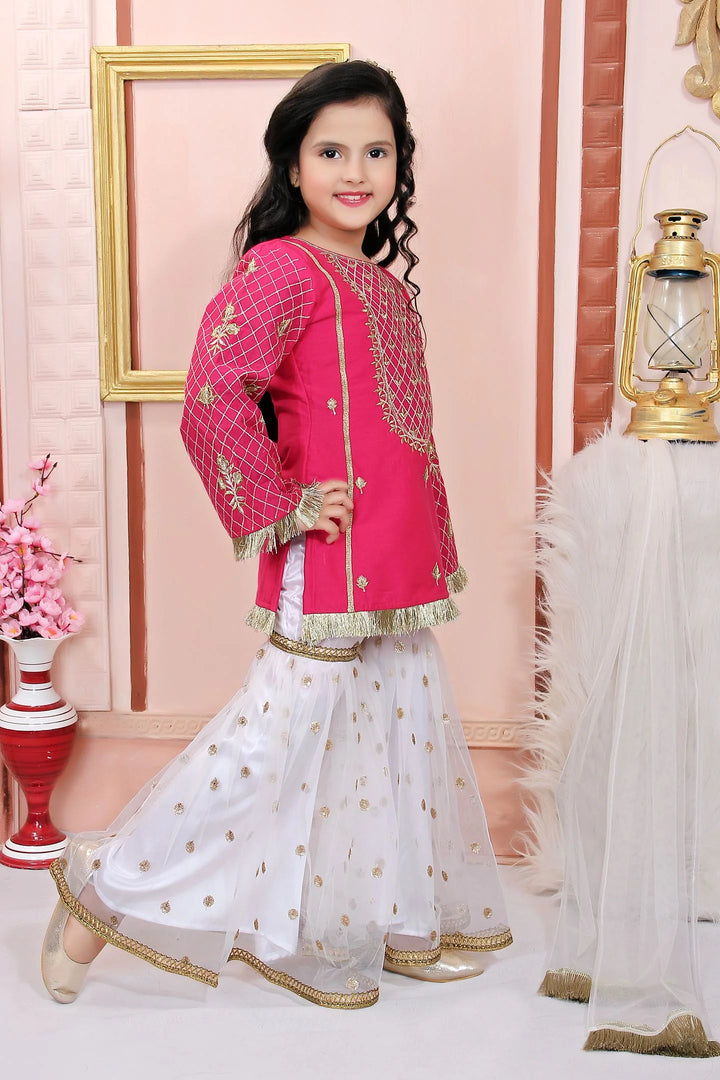 Pink Embroidered Cotton Straight Kids Salwar Suit