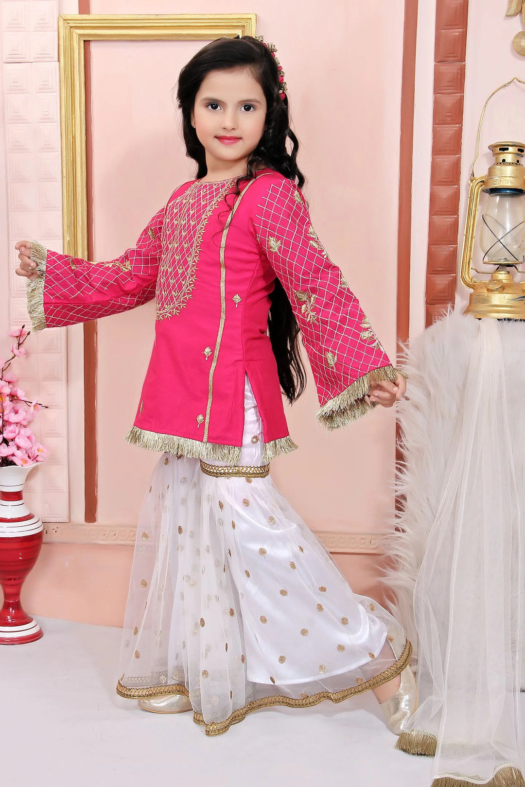 Pink Embroidered Cotton Straight Kids Salwar Suit