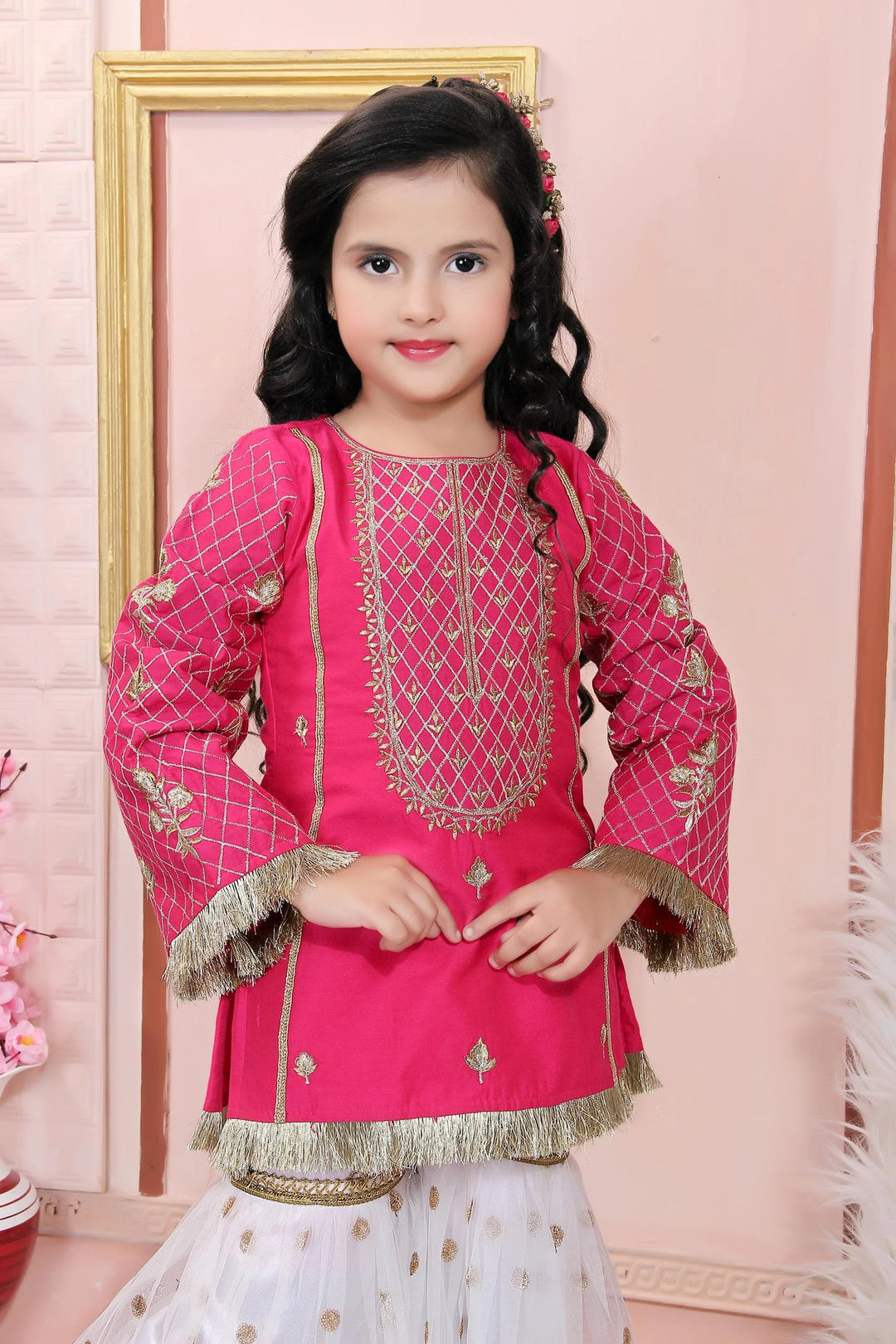 Pink Embroidered Cotton Straight Kids Salwar Suit