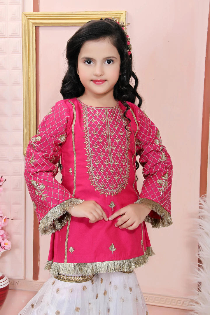 Pink Embroidered Cotton Straight Kids Salwar Suit