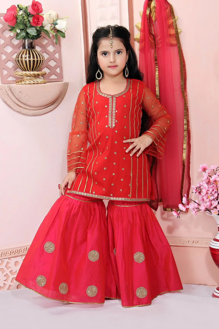 Red Embroidered Net Kids Salwar Suits