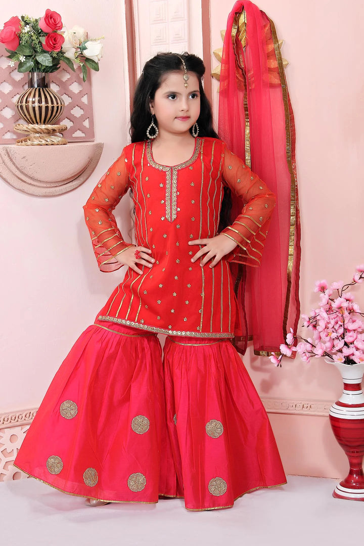 Red Embroidered Net Kids Salwar Suits