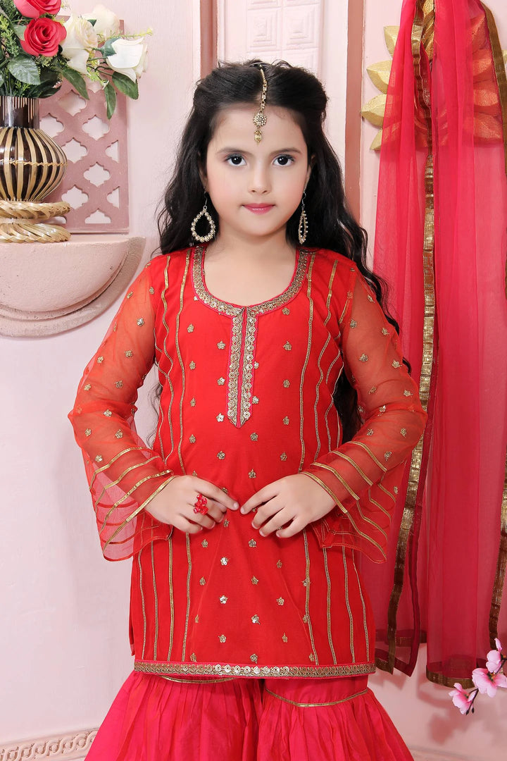 Red Embroidered Net Kids Salwar Suits