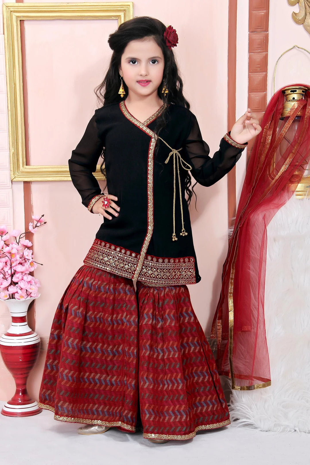 Black Embroidered Faux Georgette Kids Salwar Suits