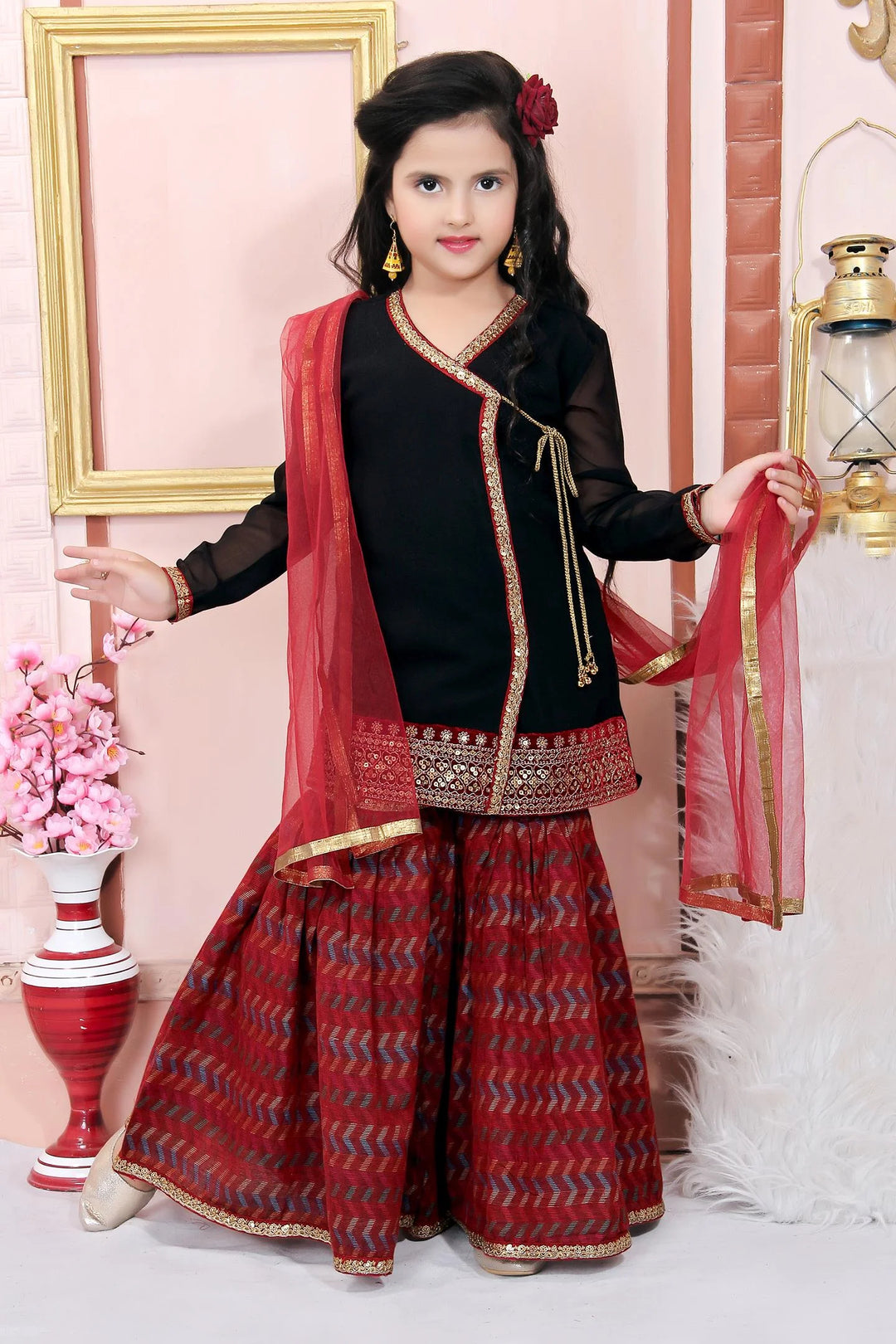 Black Embroidered Faux Georgette Kids Salwar Suits