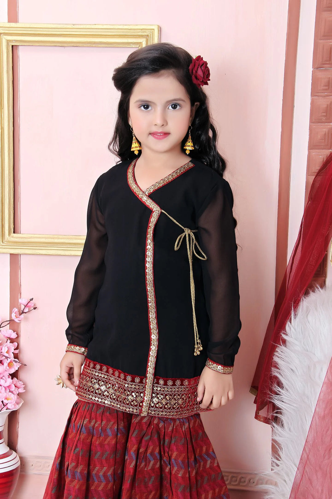 Black Embroidered Faux Georgette Kids Salwar Suits