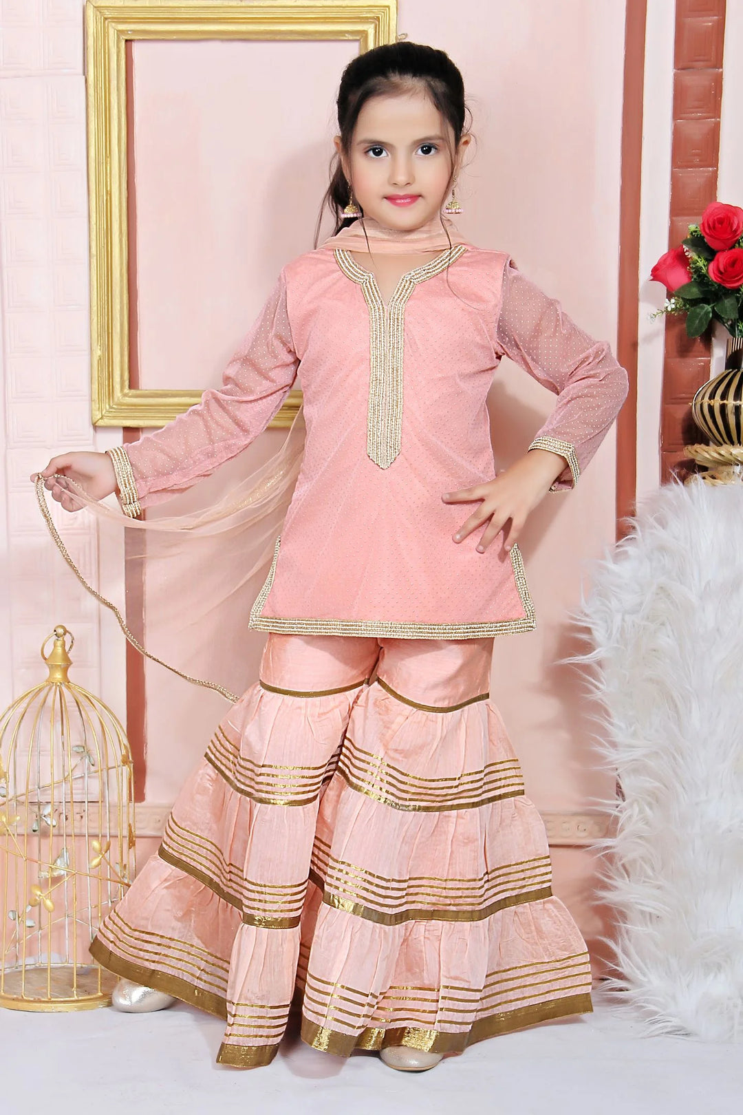 Peach Embroidered Faux Georgette Kids Salwar Suits