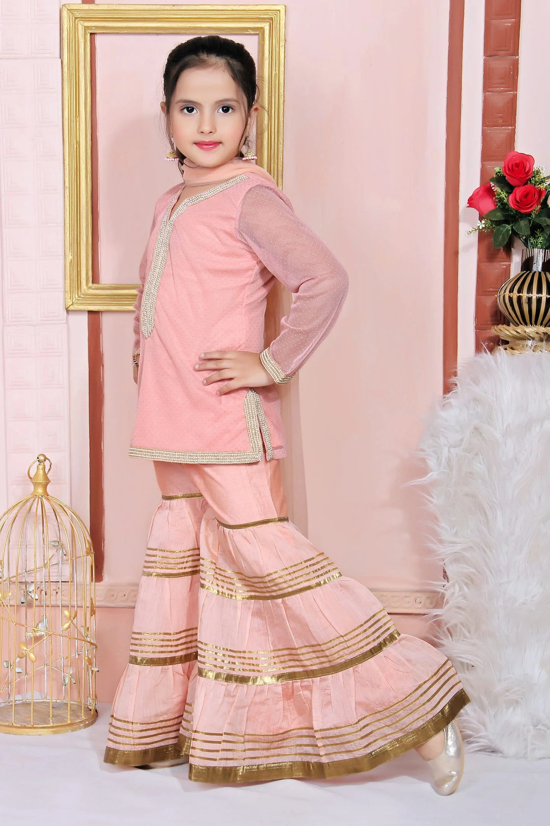Peach Embroidered Faux Georgette Kids Salwar Suits