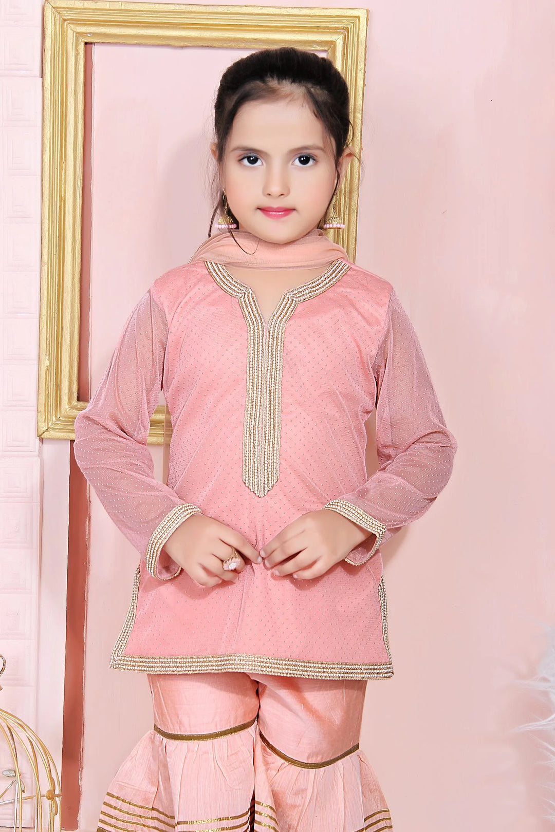 Peach Embroidered Faux Georgette Kids Salwar Suits