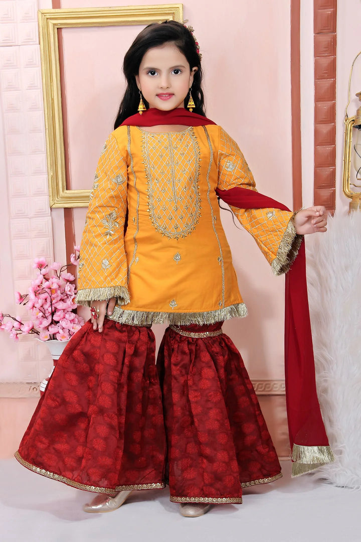 Yellow Embroidered Cotton Silk Kids Salwar Suits