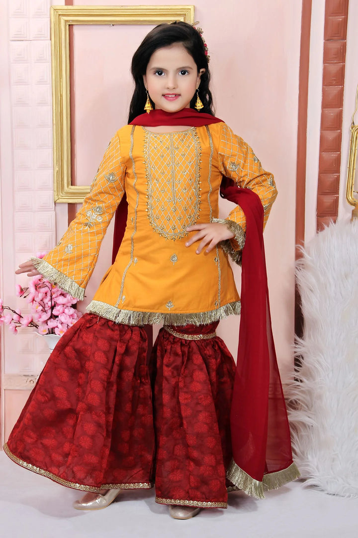 Yellow Embroidered Cotton Silk Kids Salwar Suits