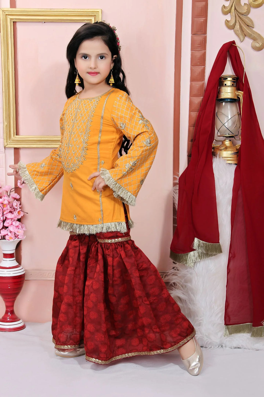 Yellow Embroidered Cotton Silk Kids Salwar Suits