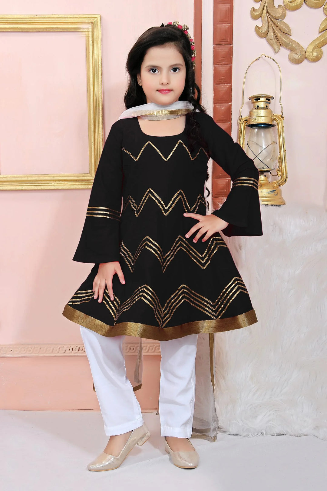 Black Embroidered Cotton Silk Kids Salwar Suits