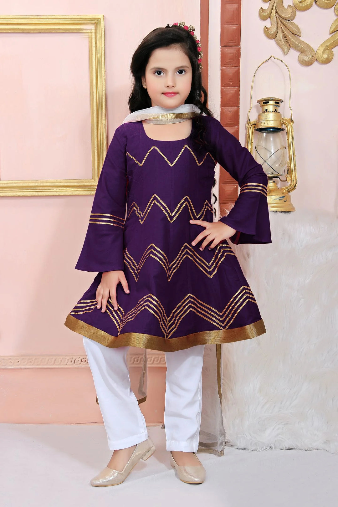 Purple Embroidered Cotton Silk Kids Salwar Suits