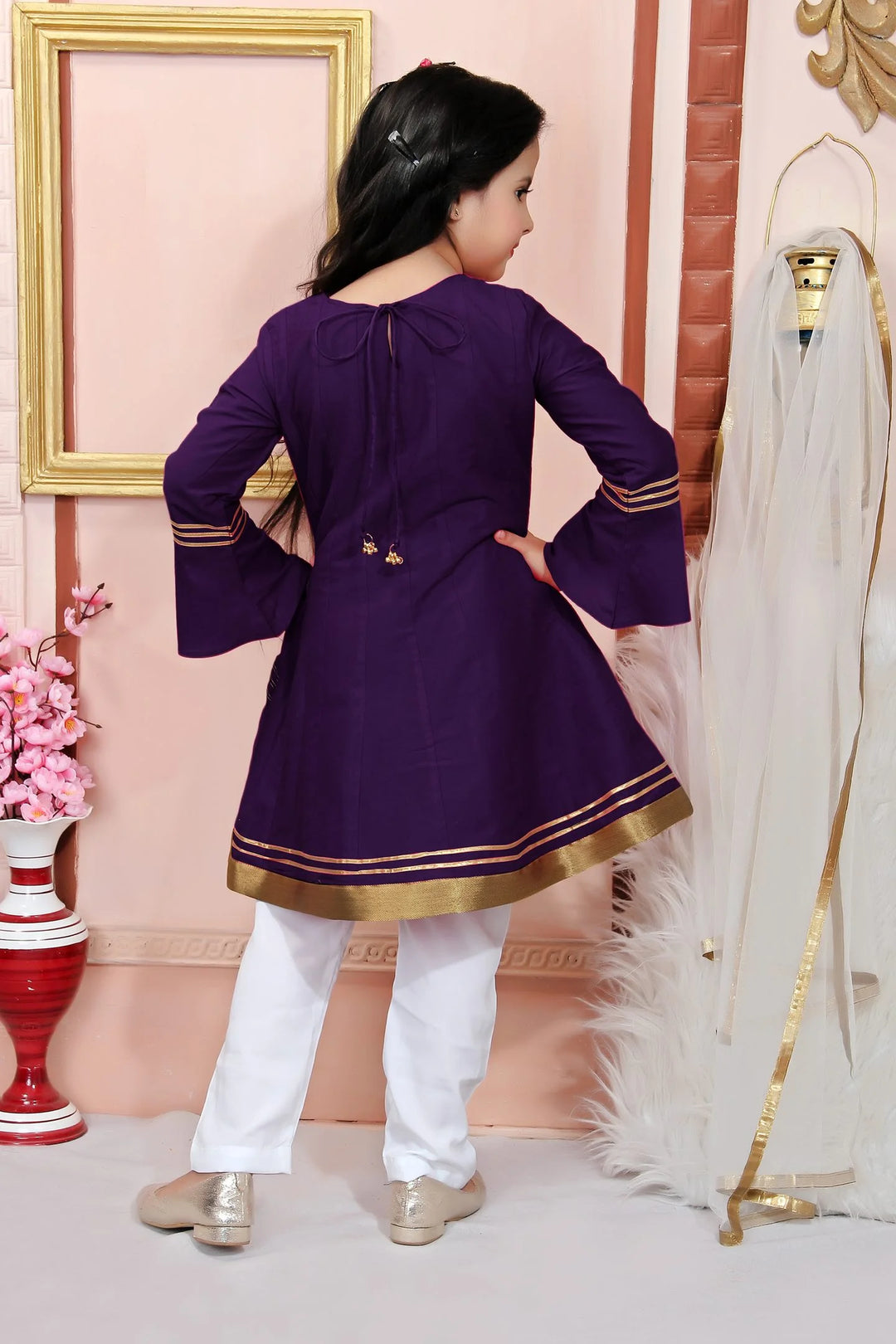 Purple Embroidered Cotton Silk Kids Salwar Suits