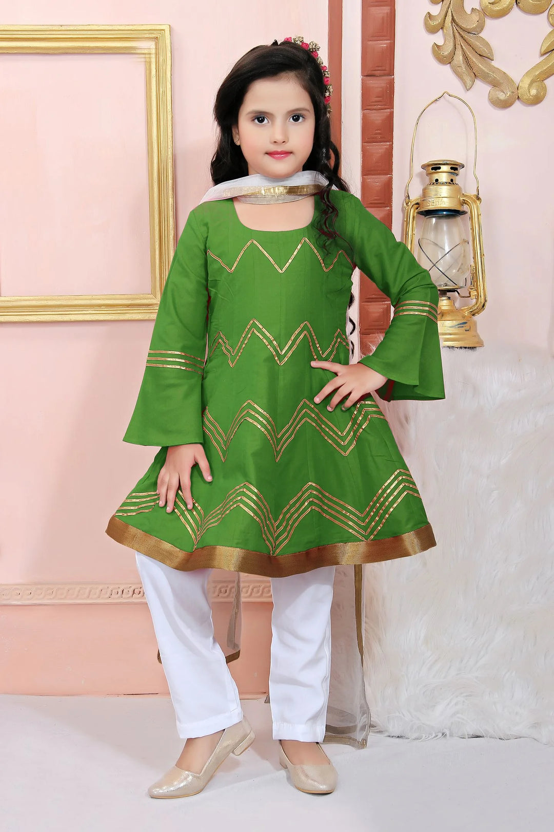 Green Embroidered Cotton Silk Kids Salwar Suits