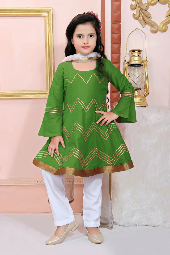 Green Embroidered Cotton Silk Kids Salwar Suits