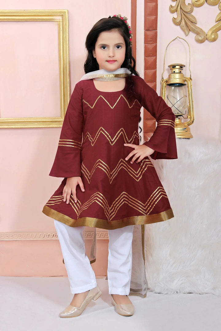 Maroon Embroidered Cotton Silk Kids Salwar Suits