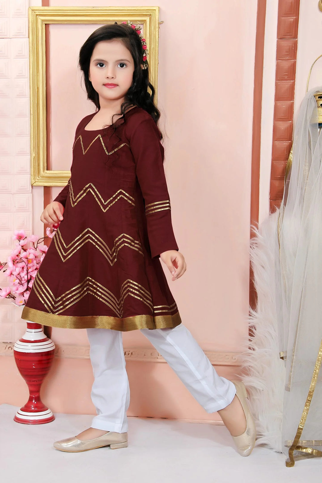 Maroon Embroidered Cotton Silk Kids Salwar Suits