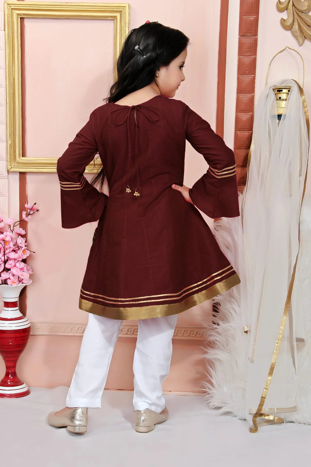 Maroon Embroidered Cotton Silk Kids Salwar Suits
