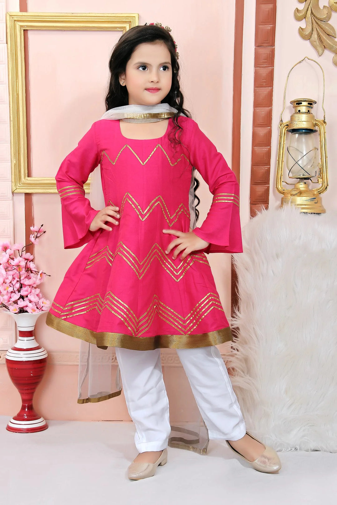 Pink Embroidered Cotton Silk Kids Salwar Suits