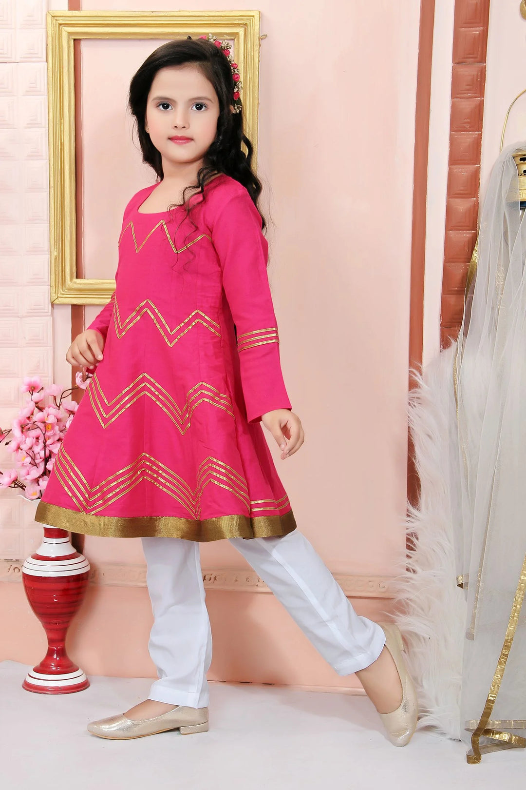 Pink Embroidered Cotton Silk Kids Salwar Suits