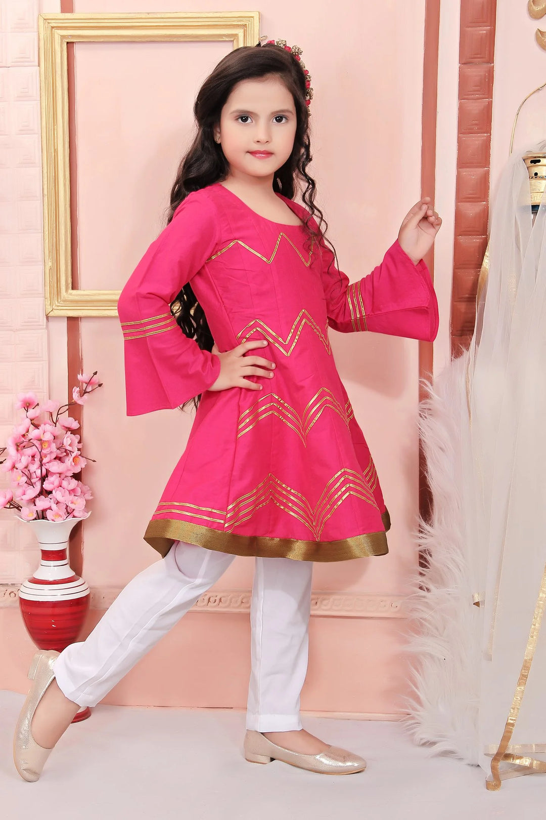 Pink Embroidered Cotton Silk Kids Salwar Suits