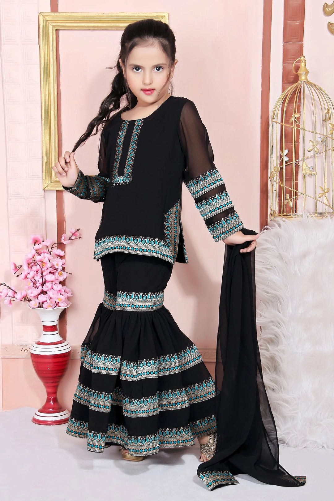 Black Embroidered Faux Georgette Kids Salwar Suits