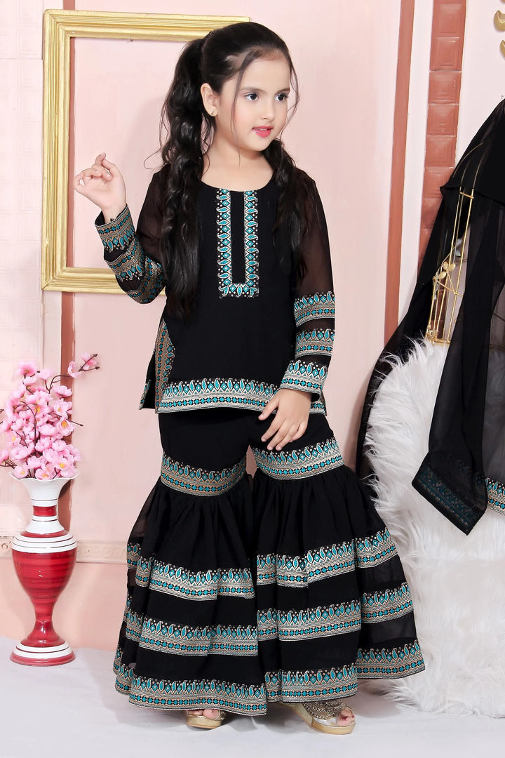 Black Embroidered Faux Georgette Kids Salwar Suits