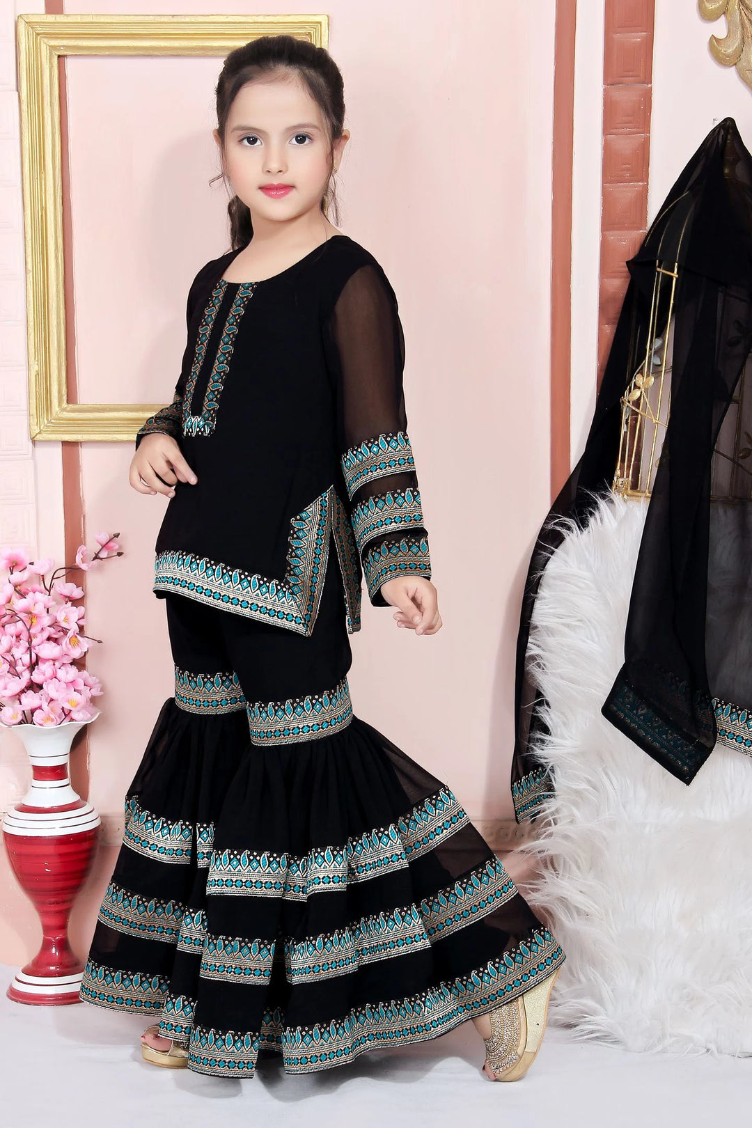 Black Embroidered Faux Georgette Kids Salwar Suits