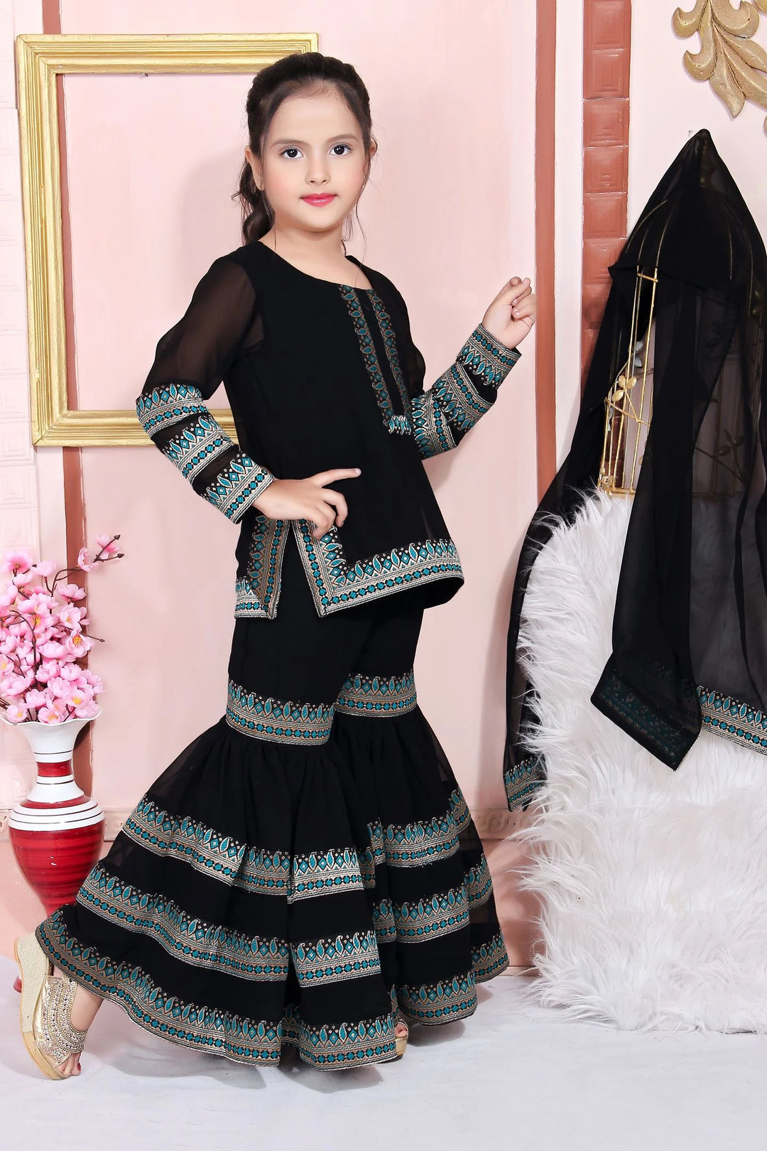 Black Embroidered Faux Georgette Kids Salwar Suits