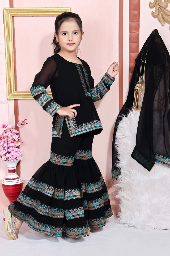Black Embroidered Faux Georgette Kids Salwar Suits