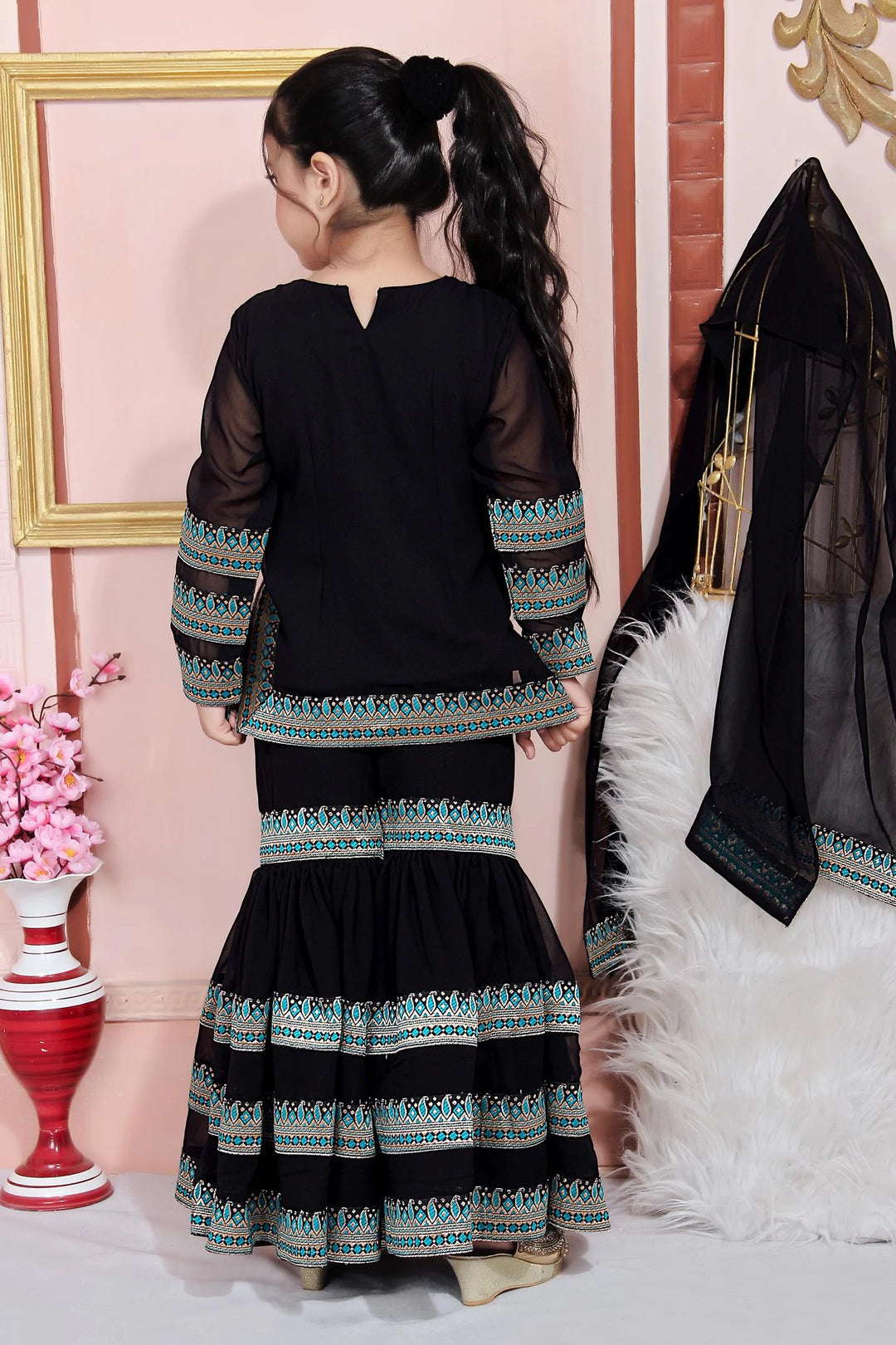 Black Embroidered Faux Georgette Kids Salwar Suits