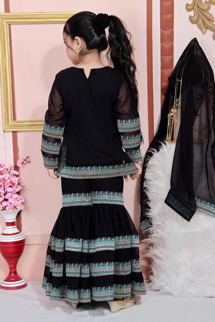 Black Embroidered Faux Georgette Kids Salwar Suits
