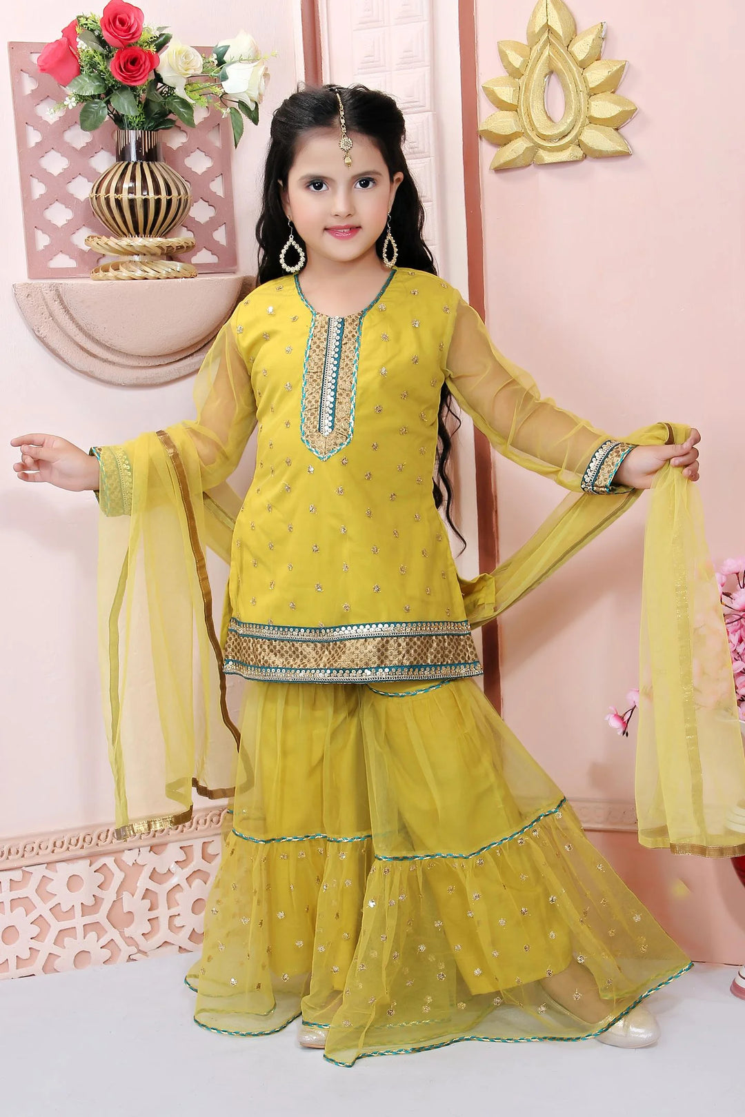 Yellow Embroidered Faux Georgette Kids Salwar Suits