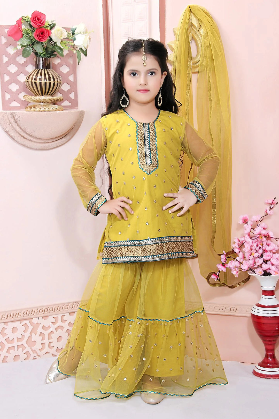Yellow Embroidered Faux Georgette Kids Salwar Suits