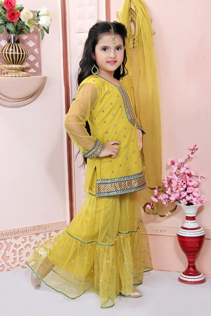 Yellow Embroidered Faux Georgette Kids Salwar Suits