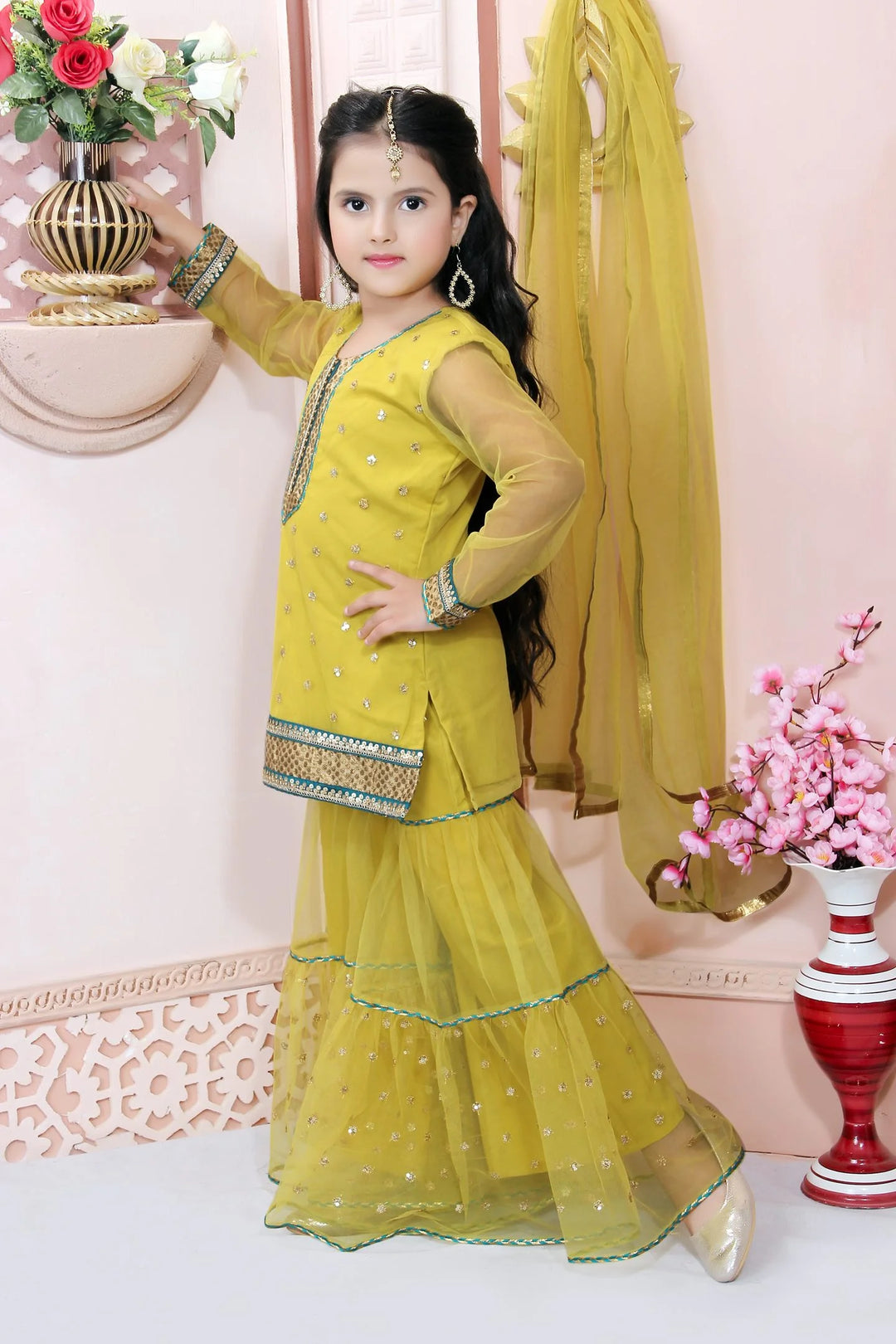Yellow Embroidered Faux Georgette Kids Salwar Suits