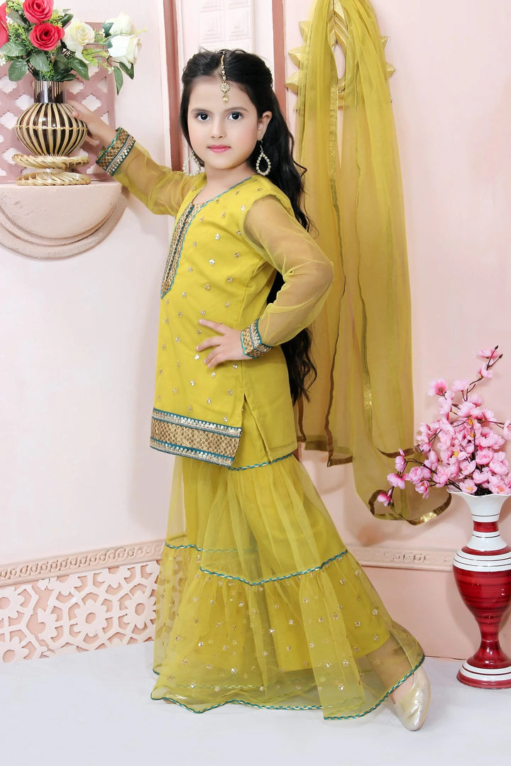 Yellow Embroidered Faux Georgette Kids Salwar Suits