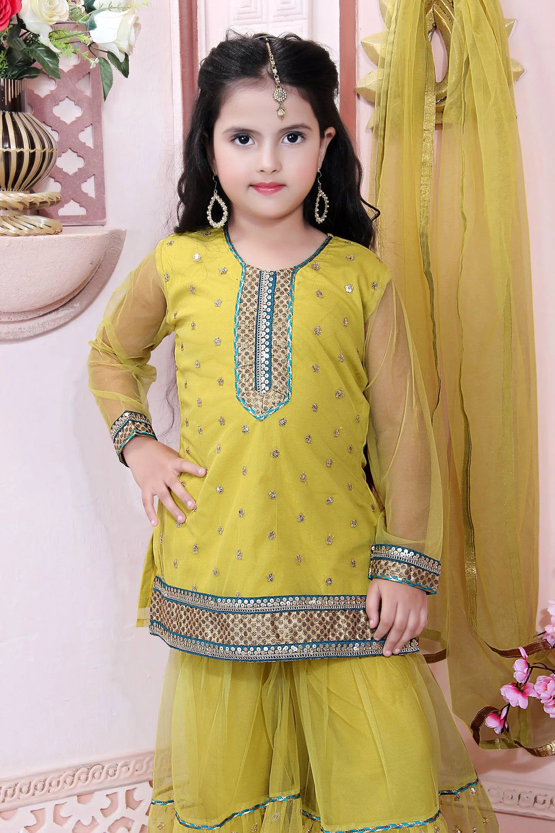 Yellow Embroidered Faux Georgette Kids Salwar Suits