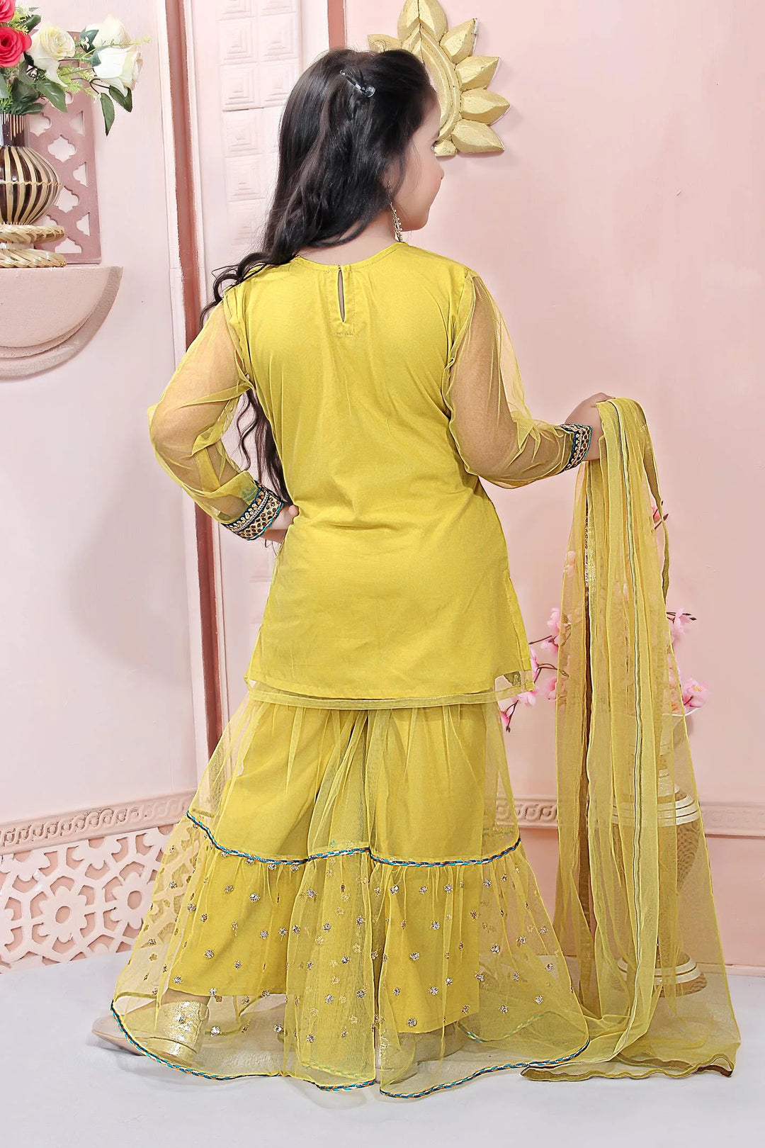 Yellow Embroidered Faux Georgette Kids Salwar Suits