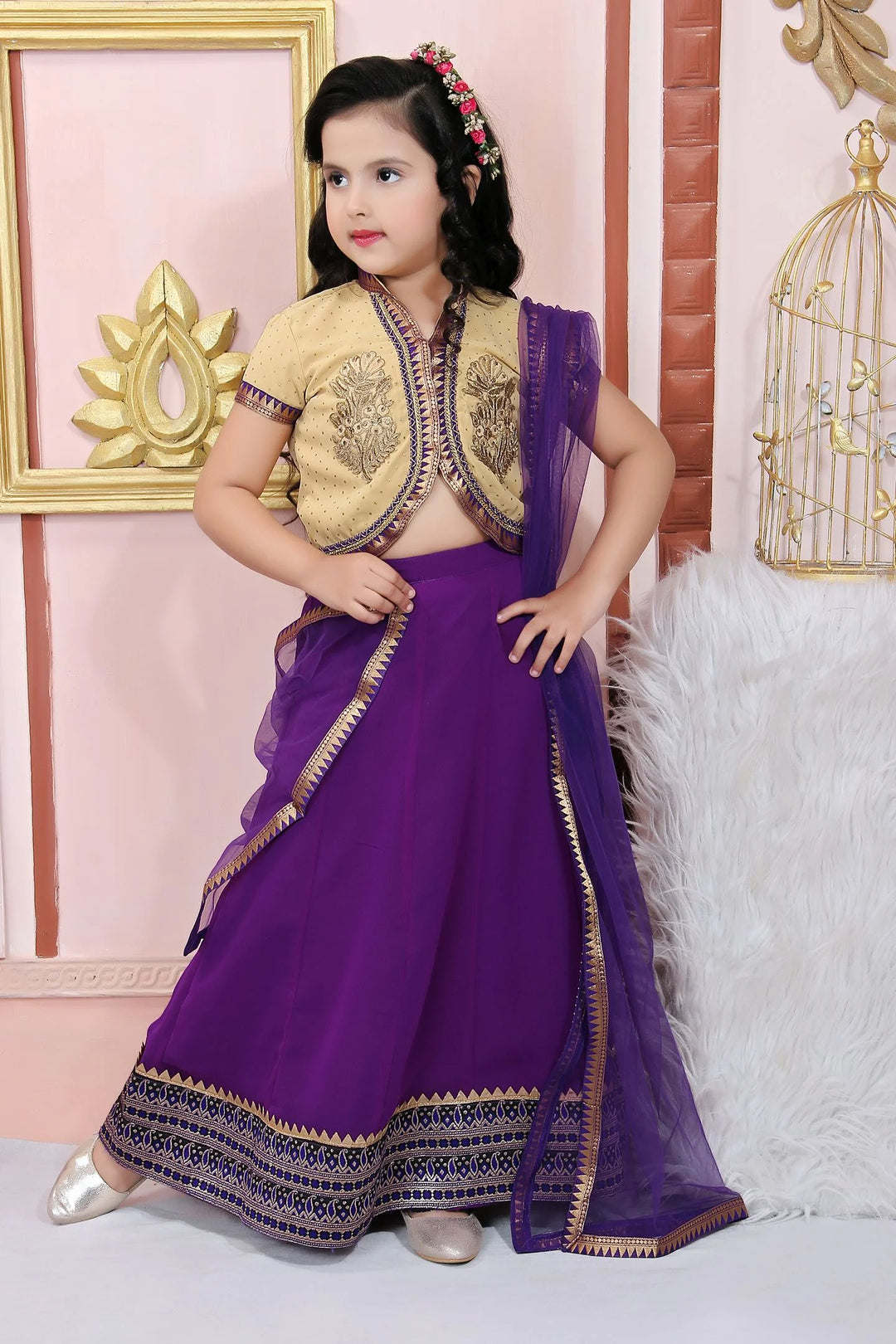 Beige Embroidered Cotton A Line Lehenga Choli Dupatta