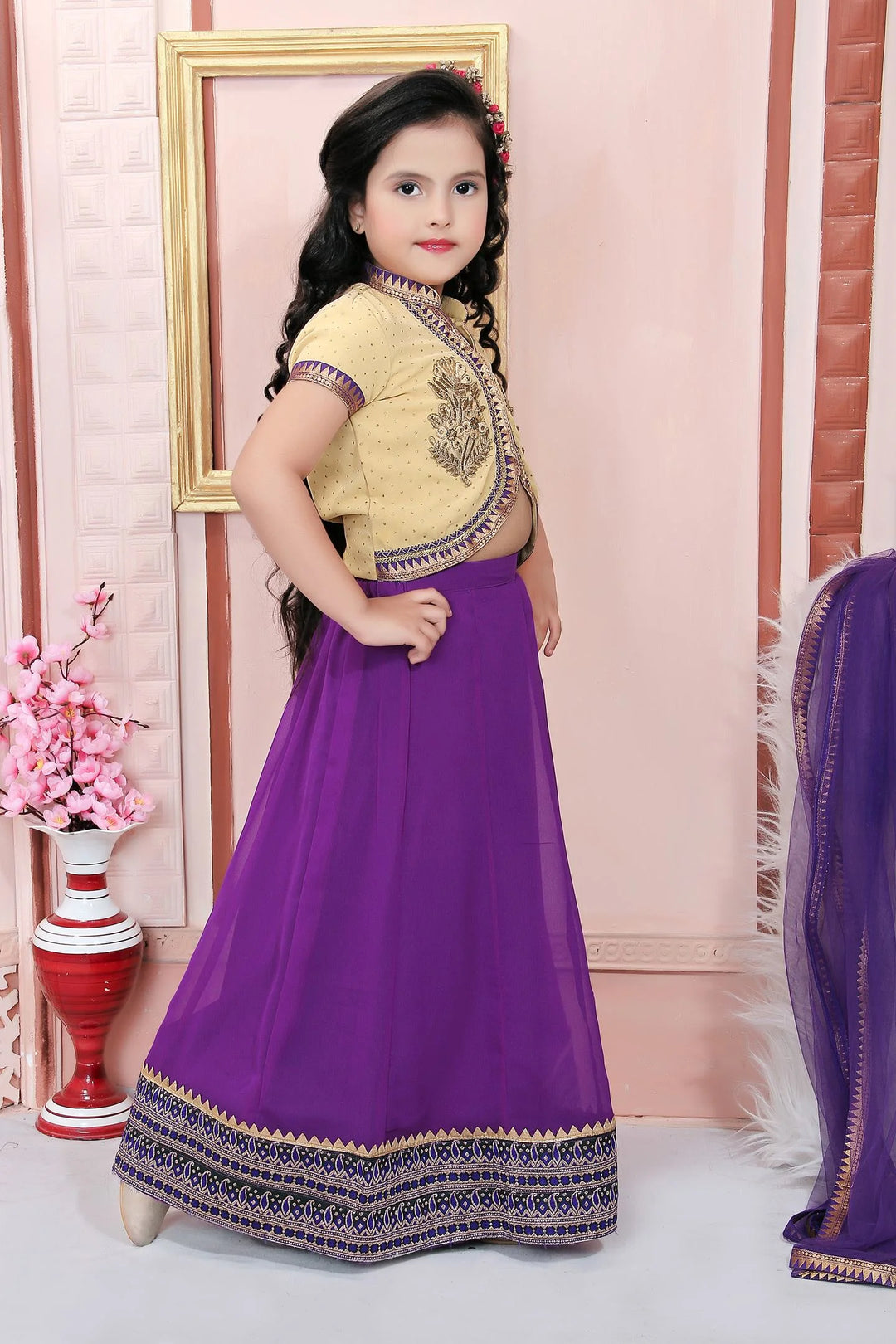 Beige Embroidered Cotton A Line Lehenga Choli Dupatta