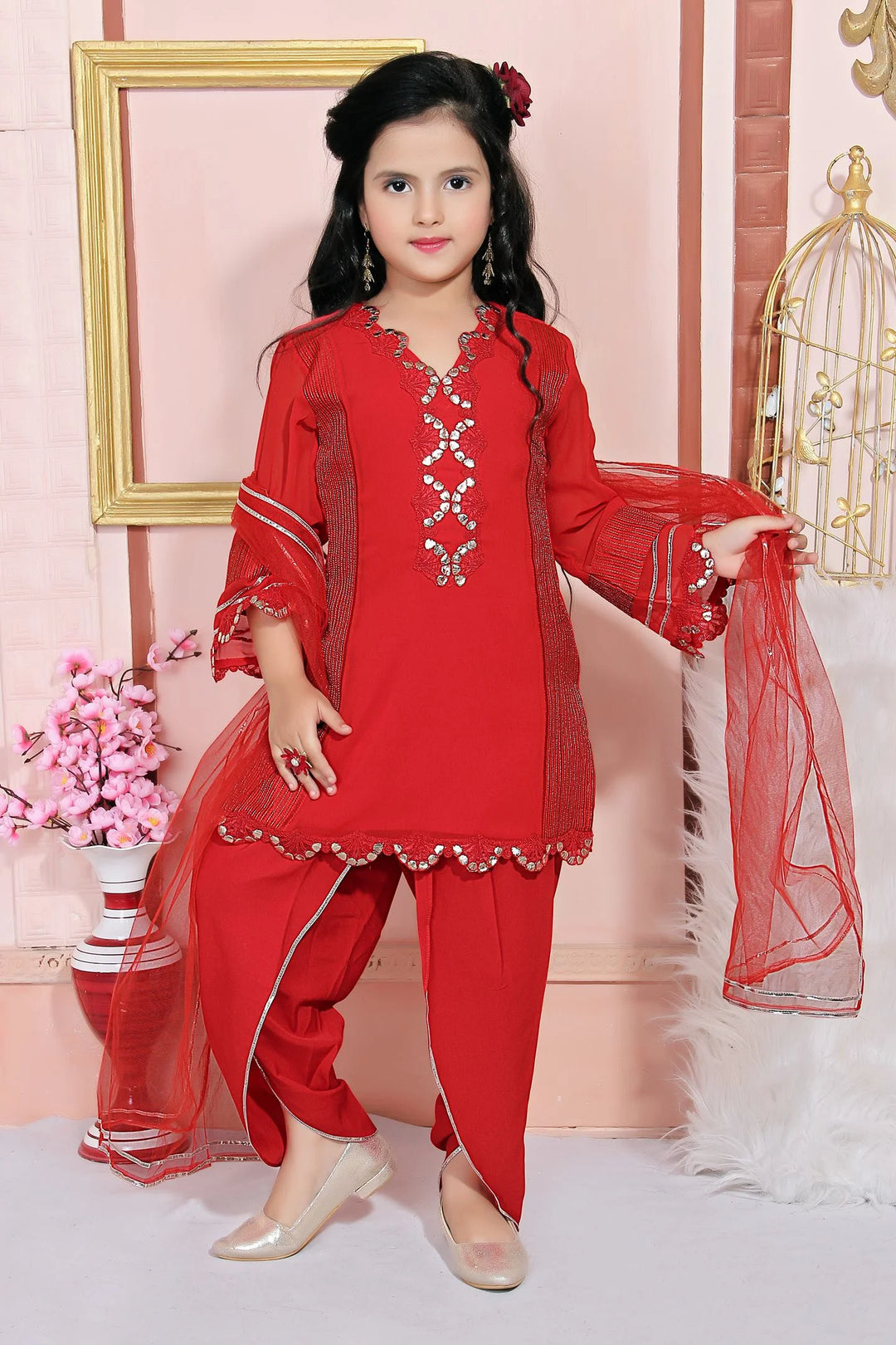Red Embroidered Georgette A Line Lehenga Choli Dupatta